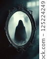 Silhouette of a mysterious figure reflected in a vintage ornate mirror 125224249