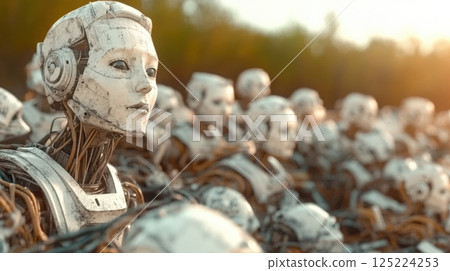 A field of humanoid robots lit by the setting sun outdoors 125224253