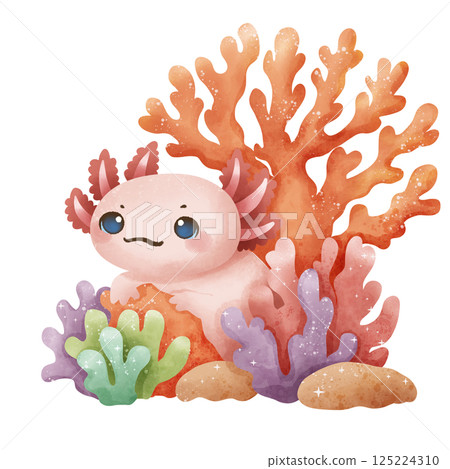 a watercolor illustration  axolotl with corals Cute kawaii pink little axolotl nice cartoon animal character. Hand drawn style. Perfect for nature-themed designs and educational materials. 125224310