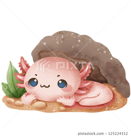 a watercolor illustration of axolotl hiding under a rock Cute kawaii pink little axolotl nice cartoon animal character. Hand drawn style. Perfect for nature-themed designs and educational materials. a watercolor illustration of axolotl hiding under a rock Cute kawaii pink little axolotl nice cartoon animal character. Hand drawn style. Perfect for nature-themed designs and educational materials. 125224312