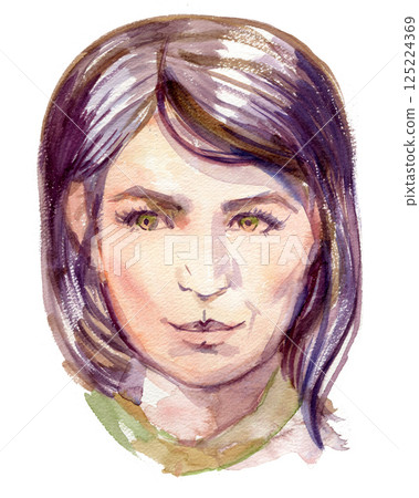 Watercolor woman portrait with green eyes and violet hair. Hand drawn illustration. 125224369