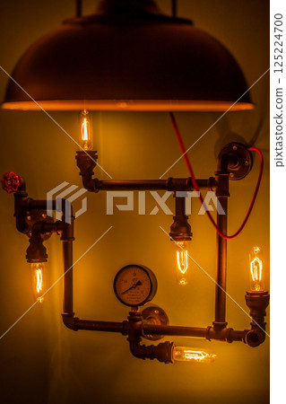 Modern Industrial Pipe Lamp Design Featuring Edison Bulbs and a Vintage Pressure Gauge for a Unique Home Decor Statement 125224700