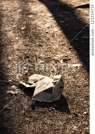 A Forgotten Piece of Newsprint Lies on the Ground Surrounded by Fallen Leaves and Pine Needles in a Sunlit Forest Setting, Highlighting Nature's Beauty and Urban Disposal Challenges 125224735