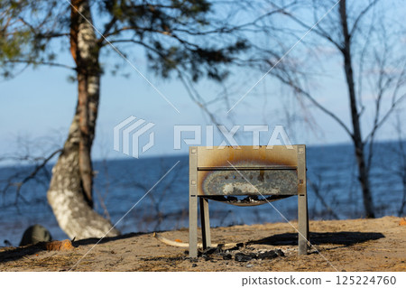 A Charred Grill By The Tranquil Water: An Abandoned Scene of Nature and Memories Evoked by a Burnt Grill Beneath Towering Trees at The Edge of a Beautiful Lake 125224760