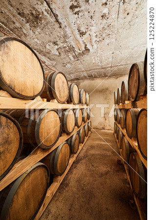 An Empty Rustic Wine Cellar Featuring Rows of Large Wooden Barrels Arranged Neatly on Wooden Racks with Natural Stone Walls and a Concrete Ceiling in a Cozy Mellow Atmosphere An Empty Rustic Wine Cellar Featuring Rows of Large Wooden Barrels Arranged Neatly on Wooden Racks with Natural Stone Walls and a Concrete Ceiling in a Cozy Mellow Atmosphere 125224870