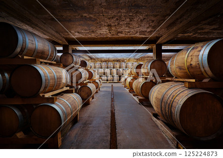 An Inside Look at a Traditional Barrel Room Showcasing Rows of Wooden Barrels Resting in a Rustic Setting, Perfect for Aging Fine Wines or Spirits Over Time An Inside Look at a Traditional Barrel Room Showcasing Rows of Wooden Barrels Resting in a Rustic Setting, Perfect for Aging Fine Wines or Spirits Over Time 125224873