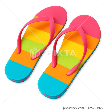 Brightly Colored Flip Flops With Horizontal Stripes Perfect for Summer Beach Outings 125224922