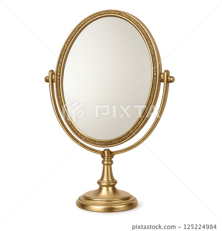 Elegant Gold Vanity Mirror Set on a Stand, Perfect for Styling 125224984