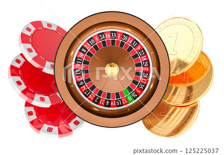 Casino Roulette with poker chips and golden coins. 3D rendering Casino Roulette with poker chips and golden coins. 3D rendering 125225037