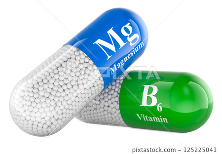 Magnesium B6 capsules. 3D rendering Magnesium B6 capsules. 3D rendering 125225041