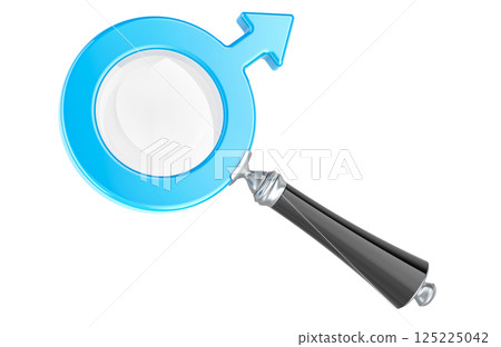 Male gender symbol as loupe, magnifying glass. 3D rendering Male gender symbol as loupe, magnifying glass. 3D rendering 125225042