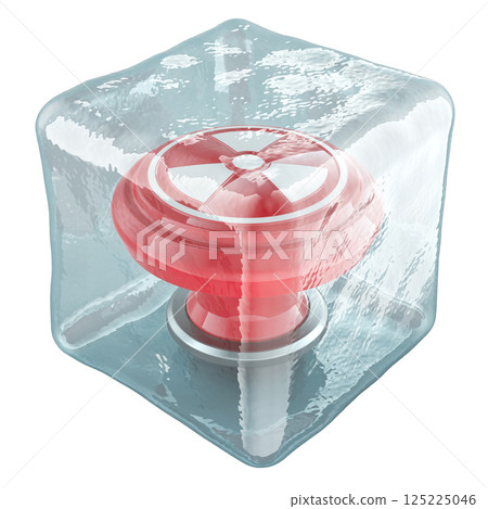 Preventing World War 3, concept. Nuclear button frozen in ice cube, 3D rendering Preventing World War 3, concept. Nuclear button frozen in ice cube, 3D rendering 125225046