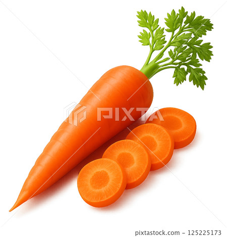 Fresh Orange Carrot With Sliced Rounds Arranged on a White Surface for Healthy Cooking 125225173
