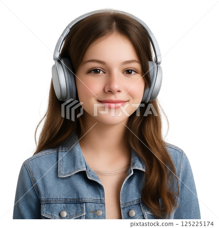 Young Girl Wearing Headphones While Smiling in Casual Attire Indoors 125225174