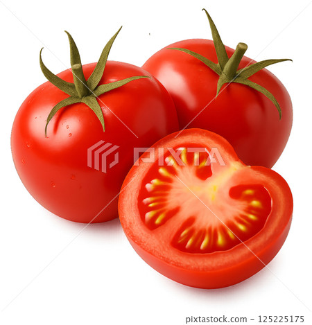 Fresh Red Tomatoes With One Sliced Open Showing Juicy Interior on White Background 125225175