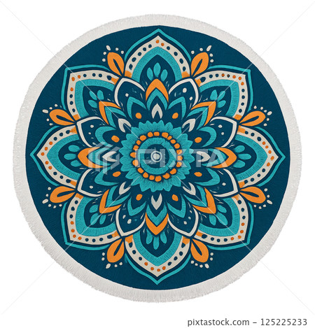 Colorful Mandala Design on Round Textile With Intricate Patterns and Vibrant Hues 125225233