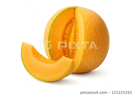 Freshly Cut Cantaloupe Showcasing Vibrant Orange Flesh and Seeds 125225283