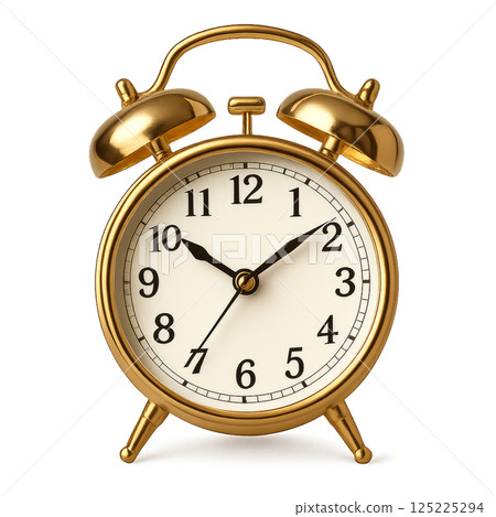 Vintage Gold Alarm Clock Showing Time in a Classic Design on a White Background 125225294