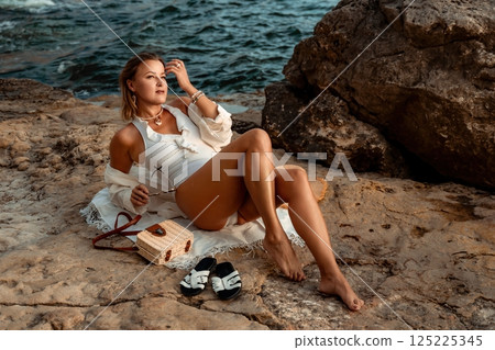 Woman Beach Summer Outfit Rocks Sandy Shore Woman Beach Summer Outfit Rocks Sandy Shore 125225345