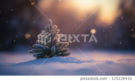 Small snowy pine tree at sunset with falling snowflakes Small snowy pine tree at sunset with falling snowflakes 125226410