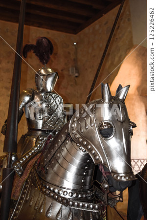 Paladin with joust and shiny medieval armor on horseback with armor. 125226462