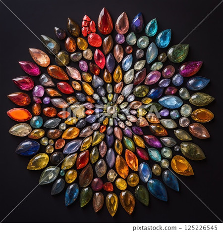 Glossy gemstones forming a vivid mandala with reflective surfaces and rich colors Glossy gemstones forming a vivid mandala with reflective surfaces and rich colors 125226545