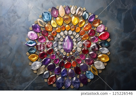 Symmetrical gemstone mandala with gold, lilac, and silver tones on dark background Symmetrical gemstone mandala with gold, lilac, and silver tones on dark background 125226546