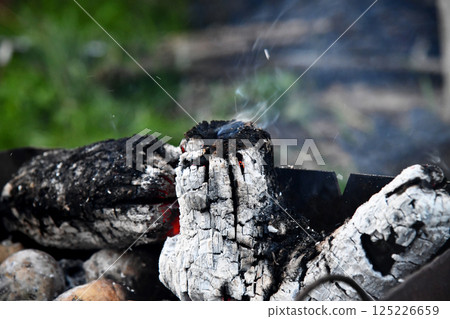 Flames and smoke rise from burning wood in a rustic outdoor fire pit as embers glow under the charred 125226659