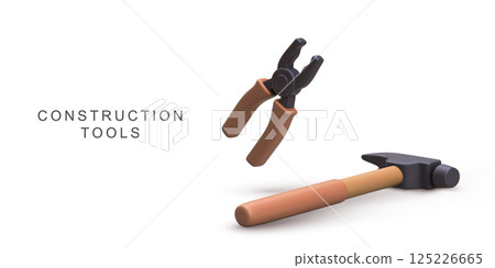 Construction Tools With 3D Hammer And Pliers For Building, Repair, DIY, Maintenance, Home Improvement, Engineering, And Craftsmanship Concepts, Perfect For Projects, Vector Illustration. 125226665