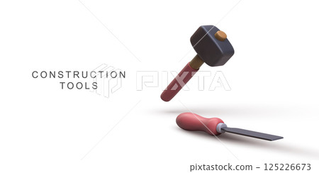 Construction Tools With Hammer And Chisel For DIY, Repair, Building, Workshop, Home Improvement, Engineering, Clean 3D Render, Isolated On White Background, Vector Illustration. 125226673