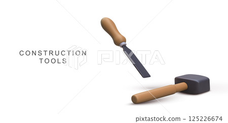 Construction Tools Featuring Hammer And Chisel For DIY, Repair, Building, Workshop, Home Renovation, Craftsmanship, Engineering, Clean 3D Render On White, Vector Illustration. 125226674