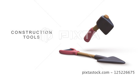 Construction Tools With Hammer And Trowel For Building, DIY Projects, Repair, Home Renovation, Masonry Work, Clean 3D Render On White Background, Vector Illustration. 125226675