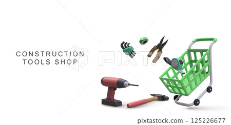 Construction Tools Shopping Cart, 3D Icons With Drill, Hammer, Pliers, Tape Measure, Allen Keys, Repair And DIY Equipment For Home Improvement And Building Projects, Vector Illustration. 125226677