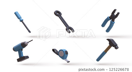 Hand Tools For Construction, Repair, DIY Projects Including Drill, Screwdriver, Wrench, Pliers, Tape Measure, Hammer In Modern 3D Minimal Style On White Background, Vector Illustration. Hand Tools For Construction, Repair, DIY Projects Including Drill, Screwdriver, Wrench, Pliers, Tape Measure, Hammer In Modern 3D Minimal Style On White Background, Vector Illustration. 125226678