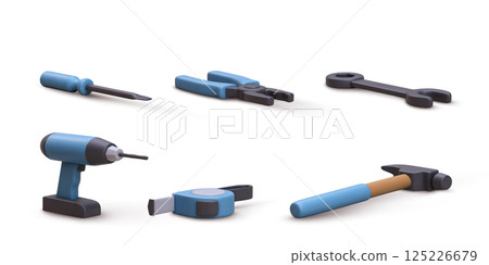 Construction Tools 3D Icons, Power Drill, Hammer, Screwdriver, Pliers, Wrench, Measuring Tape, Handyman Repair Equipment, DIY Home Improvement Kit, Isolated On White Background, Vector Illustration. Construction Tools 3D Icons, Power Drill, Hammer, Screwdriver, Pliers, Wrench, Measuring Tape, Handyman Repair Equipment, DIY Home Improvement Kit, Isolated On White Background, Vector Illustration. 125226679