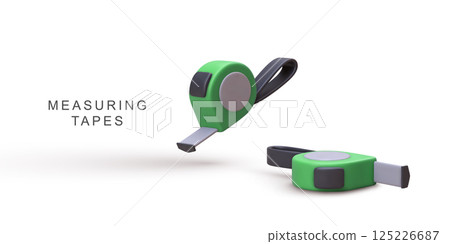 Measuring Tape Tools For Construction, Home Projects, DIY, Handyman Work And Industrial Use In Minimal 3D Style On White Background, Vector Illustration. 125226687