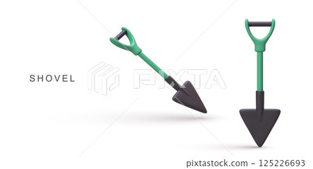 Shovel Tool For Digging, Construction, Gardening, Landscaping, Farming And Outdoor Work In Clean 3D Minimal Design With Green Handle On White Background, Vector Illustration. 125226693