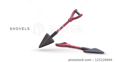 Shovel 3D Icon, Gardening Hand Tool For Digging, Construction, Farming, Landscaping, Outdoor Equipment, Metal Spade Concept, Simple Style, Isolated On White, Vector Illustration. 125226694