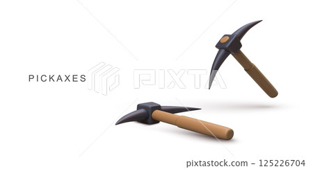 Pickaxe Tool 3D Icon, Mining And Construction Equipment For Digging, Excavation, Breaking Ground, Adventure Concept, Isolated On White, Minimal Style, Vector Illustration. Pickaxe Tool 3D Icon, Mining And Construction Equipment For Digging, Excavation, Breaking Ground, Adventure Concept, Isolated On White, Minimal Style, Vector Illustration. 125226704