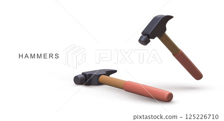 Hammer Tool With Wooden Handle And Metal Head For Construction, Carpentry, DIY Home Repair, And Building Projects In Minimal 3D Style On White Background, Perfect For Workers, Vector Illustration. 125226710