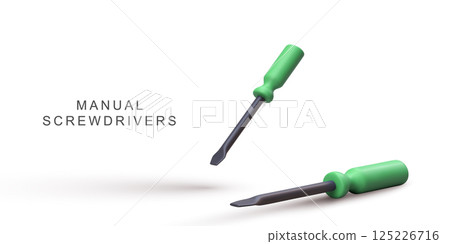 Screwdrivers With Green Ergonomic Handles And Metal Shafts For Repair, DIY, Construction, Maintenance, And Home Improvement On White Background, Vector Illustration. Screwdrivers With Green Ergonomic Handles And Metal Shafts For Repair, DIY, Construction, Maintenance, And Home Improvement On White Background, Vector Illustration. 125226716