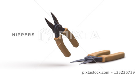 Nipper Cutting Tool in Minimal 3D Style. Clean Vector Illustration Featuring Hand Tool with Black Blades and Brown Handles. Ideal for Repair, Craft, or Utility Themes. Vector Illustration. Nipper Cutting Tool in Minimal 3D Style. Clean Vector Illustration Featuring Hand Tool with Black Blades and Brown Handles. Ideal for Repair, Craft, or Utility Themes. Vector Illustration. 125226739