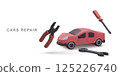 Car Repair Tools and Vehicle in Minimal 3D Style. Clean Isometric Illustration Featuring Wrench, Pliers, Screwdriver, and Red Car. Perfect for Auto Service Themes. Vector Illustration. 125226740