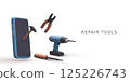 Repair Tools And Smartphone Concept, Mobile Device Fix And Electronic Maintenance, Construction Tools And Technology Support Scene, 3D Illustration, Vector Illustration. 125226743