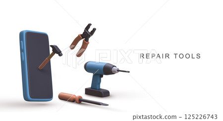 Repair Tools And Smartphone Concept, Mobile Device Fix And Electronic Maintenance, Construction Tools And Technology Support Scene, 3D Illustration, Vector Illustration. 125226743