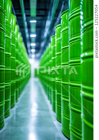 Safe storage of hazardous waste in a controlled environment with green barrels. 125227054