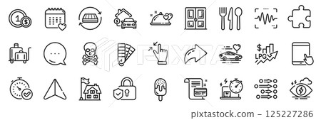 Romantic dinner, Touchscreen gesture and Palette line icons pack. Share, Message, Paper plane icons. Tablet pc, Order, Building web icon. Puzzle, Delivery online, Healthcare calendar pictogram. Vector 125227286