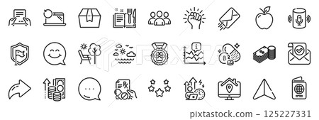 Package box, Deckchair and Work home line icons pack. Share, Message, Paper plane icons. Savings, Smile face, Riboflavin vitamin web icon. Dog competition, Recipe book, Receive file pictogram. Vector 125227331