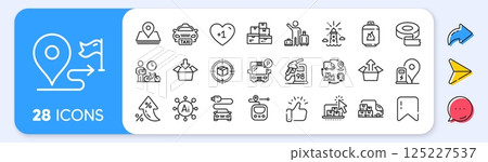 Parcel tracking, Wholesale goods and Metro line icons. Interest rate, AI generate, Inflation icons. Pack of Lighthouse, Send box, Pin icon. Delivery truck, Petrol station, Car charge pictogram. Vector Parcel tracking, Wholesale goods and Metro line icons. Interest rate, AI generate, Inflation icons. Pack of Lighthouse, Send box, Pin icon. Delivery truck, Petrol station, Car charge pictogram. Vector 125227537