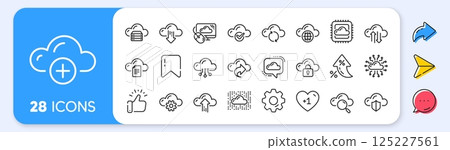 Cloud data and technology line icons. Interest rate, AI generate, Inflation icons. Set of Hosting, Computing data and File storage icons. Archive, Download, Share cloud files. Vector 125227561